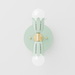 Green and Brass LED Wall Sconce Two Light Fixture Mid Century Modern Floral Details Maximalist Modern Farmhouse Wall Mount UL Listed TOPEKA