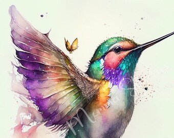 Watercolor Hummingbird Clip Art: Nature Digital Art (300 dpi JPEG)