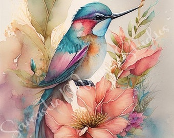 Watercolor Bird & Flowers Clip Art (300 dpi JPEG)