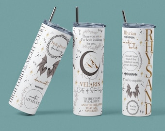 May include: Three stainless steel tumblers with different designs inspired by the book A Court of Thorns and Roses. The first tumbler features a bat, stars, and the text "High Lord Night Court". The second tumbler features a crescent moon, mountains, and the text "Velaris City of Starlight". The third tumbler features a bat, stars, and the text "Illyrian Mating Bond".