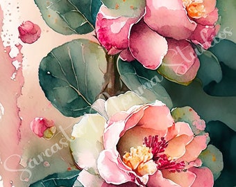 Watercolor Camellia Flower Clip Art: Tropical Plant Set (Digital Download)