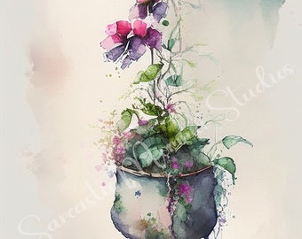 Watercolor Hanging Flower Pot Clip Art (JPEG)