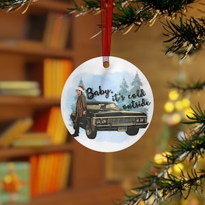 Festive "Baby it's cold outside" Supernatural Metal Ornament, Dean Winchester and Baby, SPN Family, Holiday Ornament, Christmas Tree