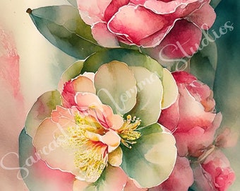 Watercolor Camellia Flower Clip Art: Tropical Plant Digital Art (JPEG)