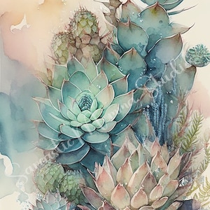 May include: A watercolor painting of a variety of succulents in shades of green, blue, and pink. The succulents are arranged in a cluster, with some overlapping. The background is a soft, watercolor wash of pink and orange.