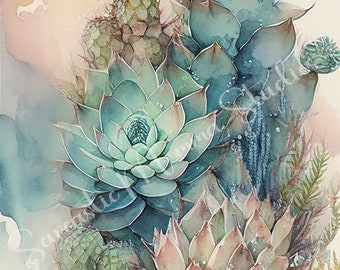 Succulente acquerellate 4 pezzi 300 dpi JPEG, Clip Art Boho, Arte digitale della natura, Piante acquerellate Boho, Succulente Boho, Uso commerciale