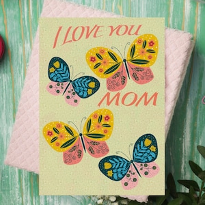 Te amo mamá / Hermosa impresión digital en papel de acuarela, tarjeta de felicitación plegada, en tamaño A5
