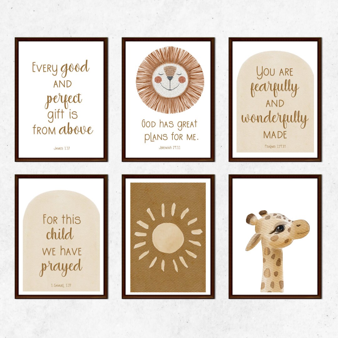 Boho Christian Neutral Nursery Wall Art Bundle, Baby Bible Verses