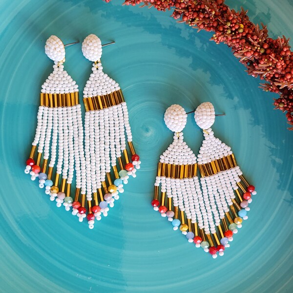 Handwoven • BOHO • Tapered Dangle Earrings • White and Gold • Seed bead • Chandelier Earrings • Gift Ideas