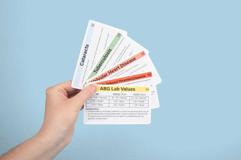 May include: A hand holds a set of flashcards with medical information. The cards display titles like "Cataracts," "Tuberculosis," and "ABG Lab Values." Each card has a different color border and contains text and numerical data. The background is a light blue.