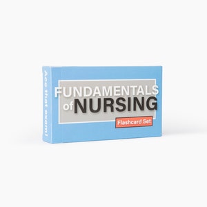 May include: A blue box with the text "Fundamentals of Nursing Flashcard Set" on the front. The text "Ace that exam!" is on the side of the box.