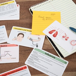 May include: A collection of medical flashcards with titles like "ABG Lab Values," "Parkinson's," and "EKG Basics" are scattered on a wooden surface. A yellow sticky note reads "final exam @ 8:00 am." A pen and notepad are also present.