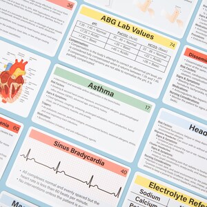 May include: A collection of flashcards with medical information, including ABG lab values, asthma, and sinus bradycardia. The cards have a light blue background and feature text and diagrams related to various medical conditions.