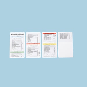 May include: Four white flashcards with medical information on a light blue background. The cards display titles such as "Table of Contents", "Cardiovascular Disorders", and "Fluid and Electrolytes". The text is in black, with some titles highlighted in green, red, and yellow.