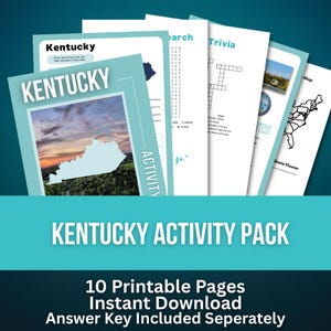 Puede incluir: Un conjunto de páginas de actividades imprimibles con el tema de Kentucky. La página frontal tiene la palabra "Kentucky" y una foto de una puesta de sol sobre un paisaje con un contorno de Kentucky. El texto "Kentucky Activity Pack" está en la parte inferior.