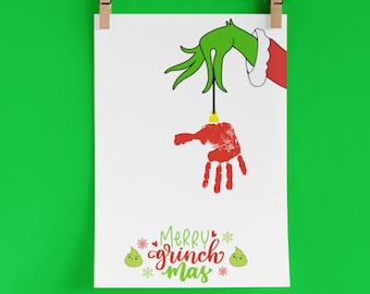 Christmas Handprint Art project for kids, Christmas Grinch Handprint Keepsake, Printable DIY Kid Craft Kit, Christmas craft for kids