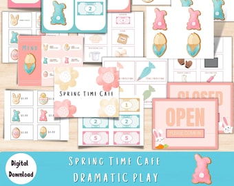 Op de afbeelding: Een printbare set met rekwisieten voor een doe-alsof-spel voor een lentecafé. De set bevat een menu, bestelformulieren, een kassa, speelgeld en borden voor open en gesloten. Het thema is Pasen met konijnen- en eidecoraties.