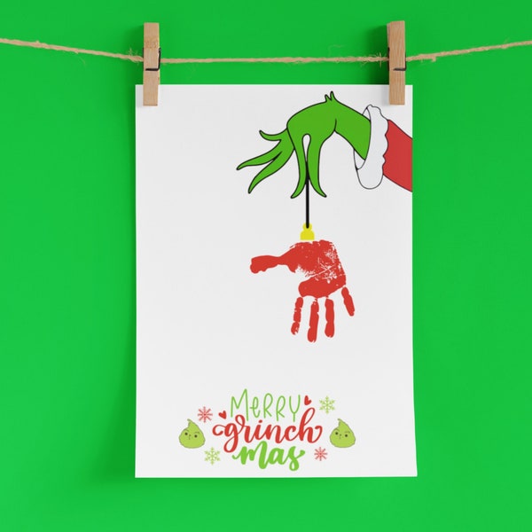 Christmas Handprint Art project for kids, Christmas Grinch Handprint Keepsake, Printable DIY Kid Craft Kit, Christmas craft for kids