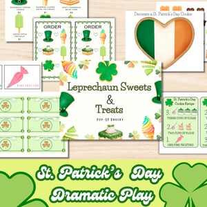 Op de afbeelding: Een printbare set met St. Patrick's Day-speelactiviteiten voor kinderen. De set bevat een bord voor een Leprechaun-snoepjes- en traktatiesbakkerij, een sjabloon voor het versieren van koekjes, een speelgeldset en een dramatisch speelscript.
