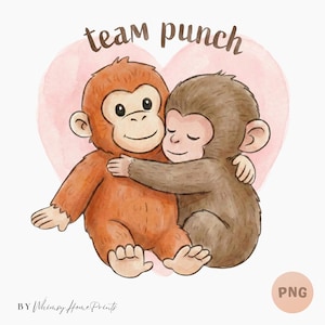 Puede incluir: Ilustración en acuarela de dos monos abrazados en tonos marrón y naranja, sobre un fondo en forma de corazón rosa. El texto "team punch" está encima de los monos. La imagen tiene una marca de agua PNG.