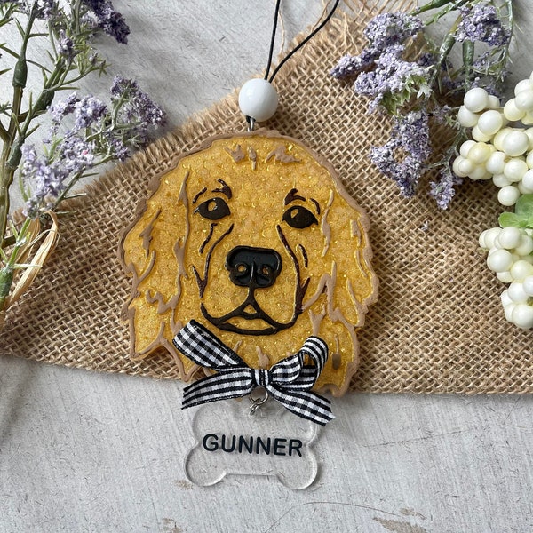 Golden Retriever Dog Freshie, Puppy Car Air Freshener, Personalized Bone Collar, Cute Customizable Charm, Gift for Dog Lover, Dog Mom