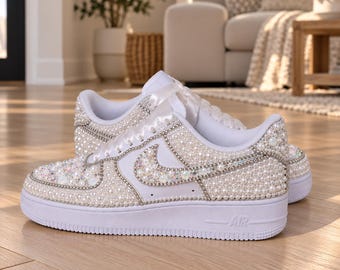Custom Custom Pearl Rhinestone Air Force 1 Wedding Shoes, FULL Bling
