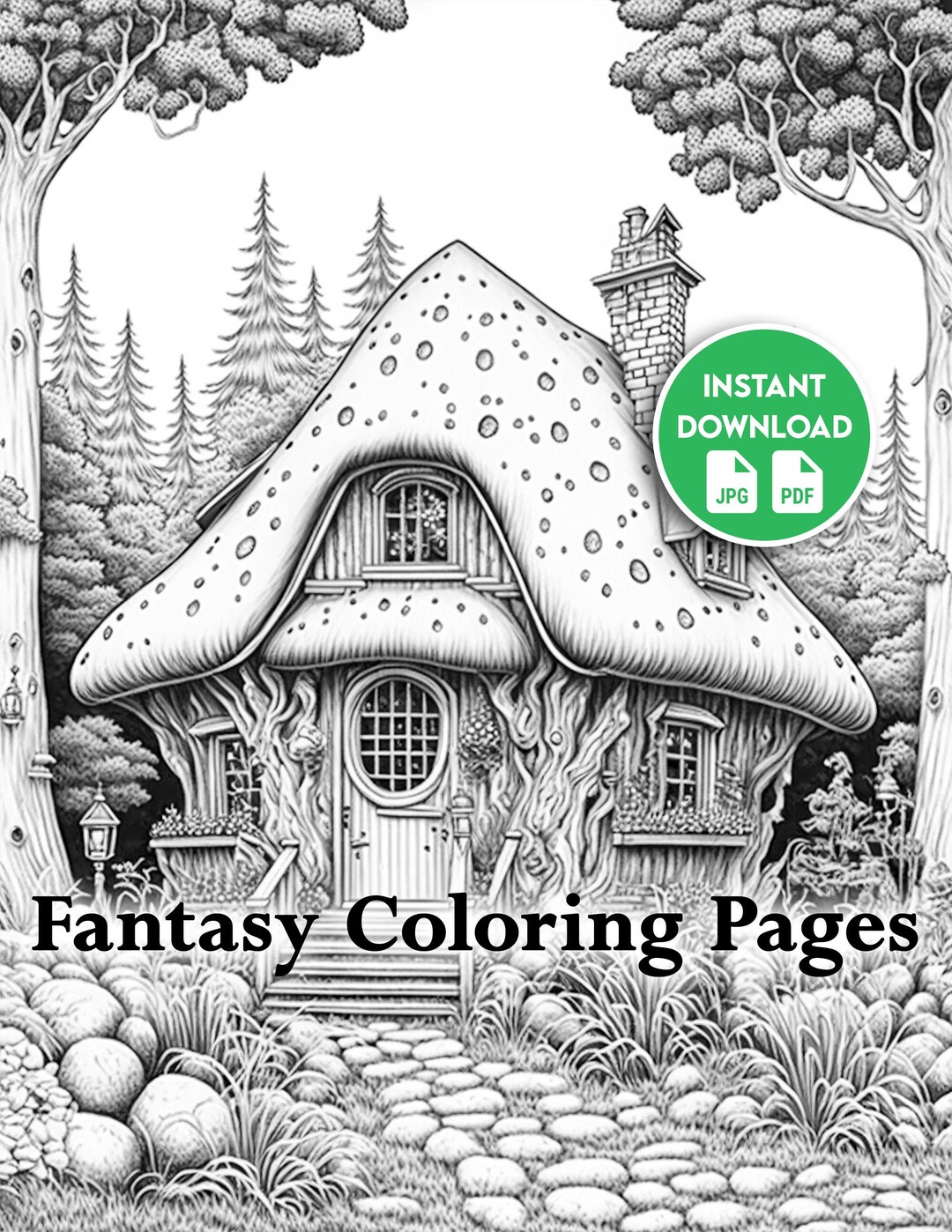 Mushroom Cottage Coloring Page Printable Adult Coloring - Etsy