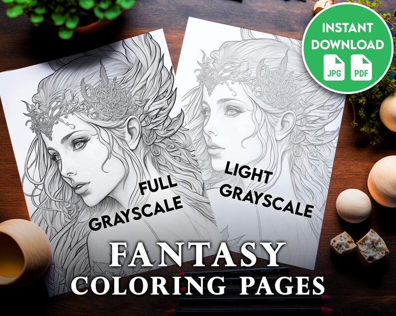 Fantasy Fairy Coloring Page, Grayscale Coloring Pages for Adults and Children, Instant Download ...