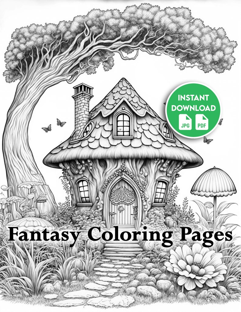 Mushroom Cottage Coloring Page Grayscale Coloring Pages for - Etsy