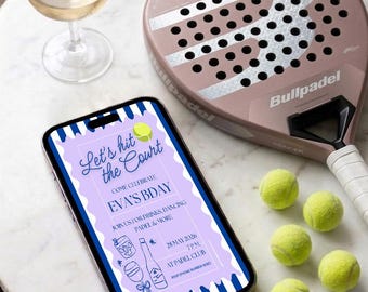 Invitación de cumpleaños editable con temática de pádel, plantilla deportiva retro de Canva (invitación digital).