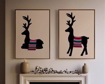 Reindeer Serape Art Prints: Set of 2 Boho Christmas Decor (Digital Download)
