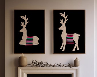 Set of 2 Reindeer Serape Wall Art, Boho Christmas Reindeer Print, Neutral Christmas Decor, Minimalist Holiday Decor, Neutral Holiday Art