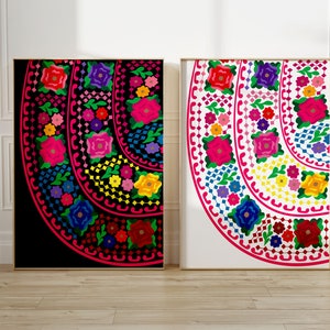 Set of 2 Chiapas Folklorico Black Abstract Art Print, Mexican Folkloric Dress Art, Floral Embroidered Dress, Vestido Chiapaneco Art