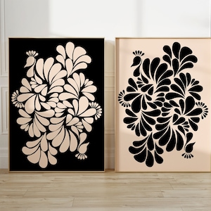 Peacock Talavera Art Prints Set of 2: Black Beige Floral Abstract (Digital Download)
