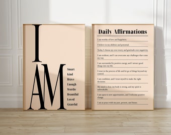 Daily Affirmations Set of 2 Wall Art, Positive Daily Affirmations Poster, Affirmation Print Mental Health Poster Therapy Poster, Digital Art