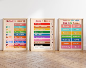 Bilingual Spanish Numbers, Colors, Days of the Week Poster Set of 3 (Digital Download)