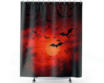 Bats At Dusk Shower Curtain, Halloween Vampire Bats Curtain, Scary Full Moon Bath, Gothic Bats Bathroom Decor, Horror Shower Curtain