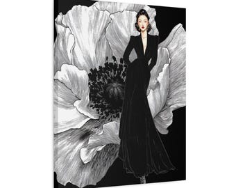 Série Lady vintage n° 6 - Robe de femme élégante en velours noir sur toile mate