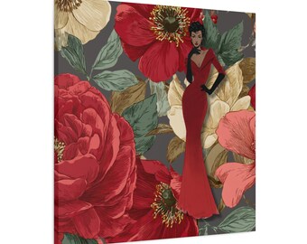 Série Lady n°3 vintage - Robe femme en toile de velours rouge | Illustration florale mate étirée