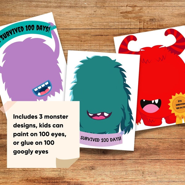 Set of 3 100th Day Activity Monster Sheets Eye Survived 100 days T-shirt Idea