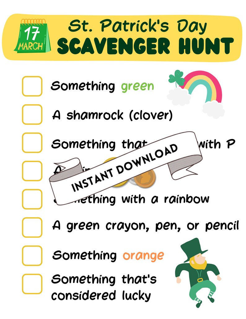 St. Patrick's Day Printable Scavenger Hunt Checklist Activity St. Paddy ...