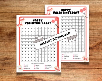 Set of 2 Valentine's Day Word Search Activity Worksheets for Kids