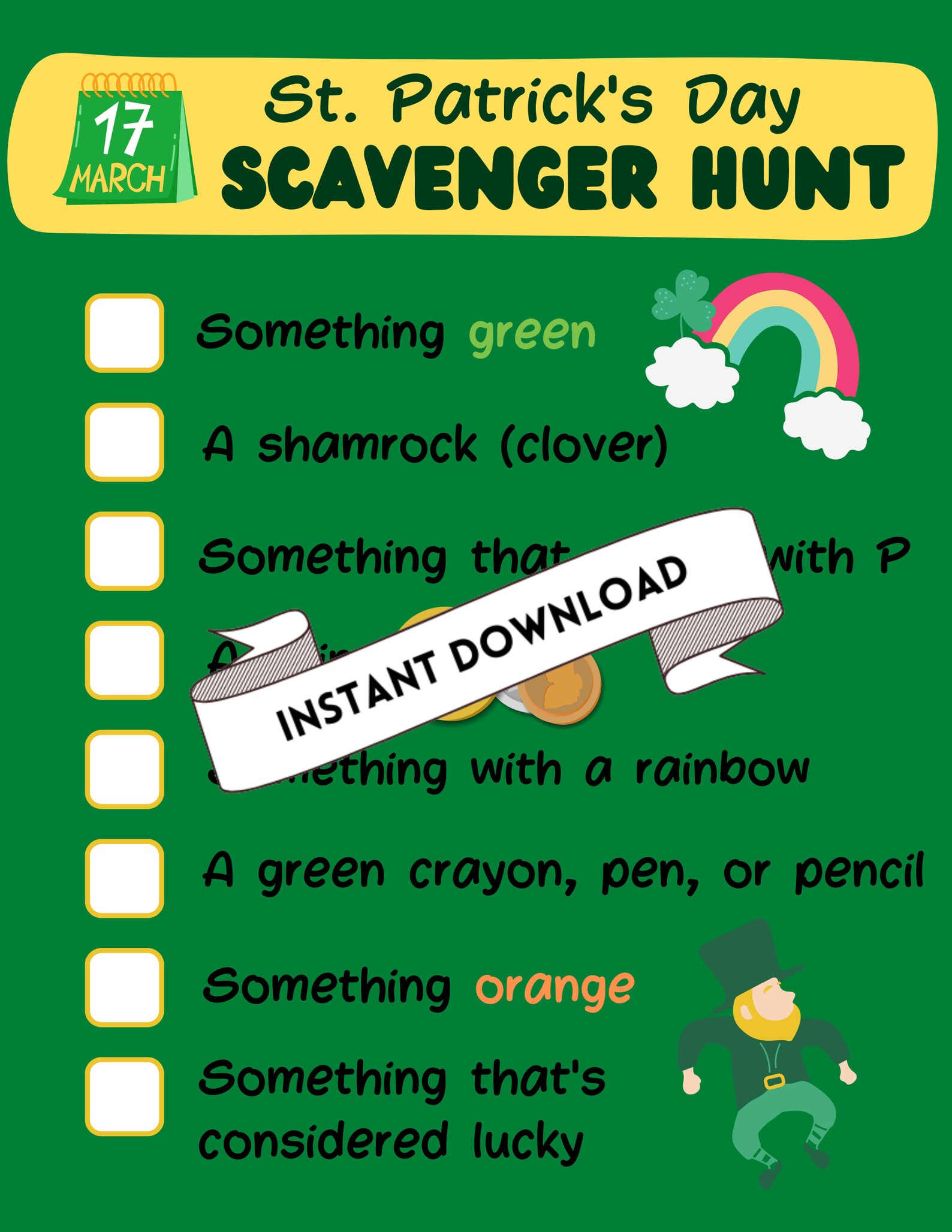 St. Patrick's Day Printable Scavenger Hunt Checklist Activity St. Paddy ...