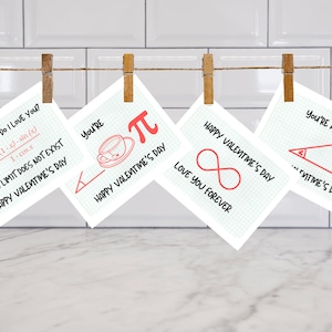 May include: Four Valentine's Day cards with math-themed puns. The first card has a calculus equation and says "Q: How much do I love you? A: The limit does not exist. Happy Valentine's Day". The second card has a cup of tea and the symbol for pi and says "You're pi. Happy Valentine's Day". The third card has an infinity symbol and says "Happy Valentine's Day. Love you forever". The fourth card has an acute angle and says "You're acute. ...evitme's Day".