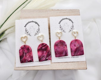 Pink Marble Earrings, Polymer Clay Earrings, Lightweight Earrings, Unique Earrings, Valentine's Earrings, Gift for her, Gold Plated Earrings