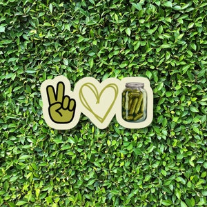 Pickle Sticker, Peace Love & Stickers, Funny Sticker, appx. 2.75" a 1.3" Matte, Gloss, or Holographic Stars