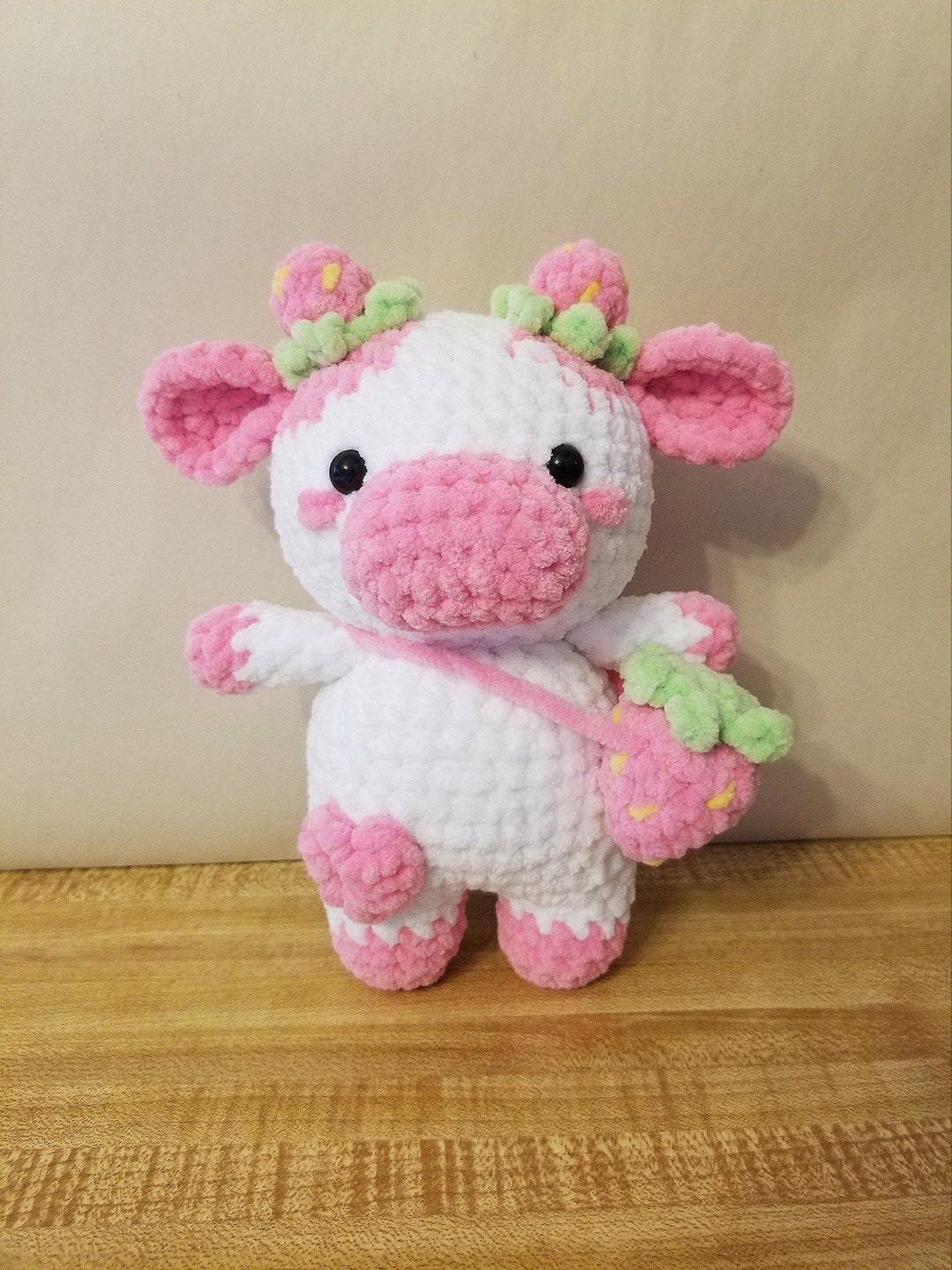 Amigurumi Pink Strawberry Cow Crochet Plushie Handmade Stuffed Animal
