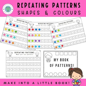 May include: A printable worksheet for kids to practice repeating patterns. The worksheet features colorful circles and blank circles to complete the patterns. The text "Repeating Patterns" and "Make your own patterns!" is included on the worksheet. The worksheet is designed to be made into a little book.