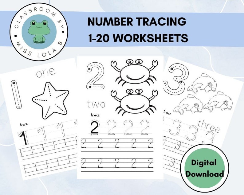 Number Tracing 120 Worksheet Sea Creature Theme Number Etsy