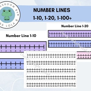 May include: A set of printable number lines for classroom use. The number lines are in purple, blue, and pink and show numbers from 1 to 10, 1 to 20, and 1 to 104.